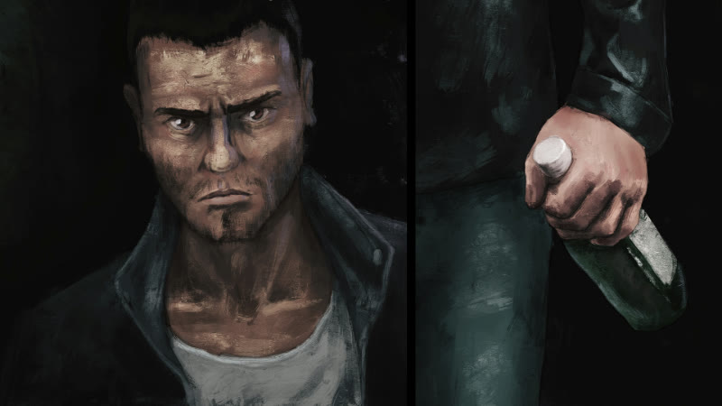 A close-up of the father's face beside his hand gripping a bottle, in Little Kite